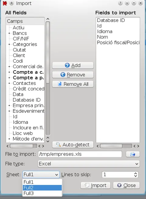 Selecting an Excel sheet to import data into Koo