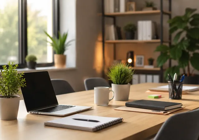 Espai de treball ERP amb documentació, ordinador i eines de gestió empresarial