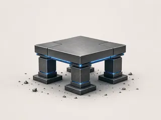 Robust metal platform supported by four pillars with blue lighting, symbolizing solidity and continuity.